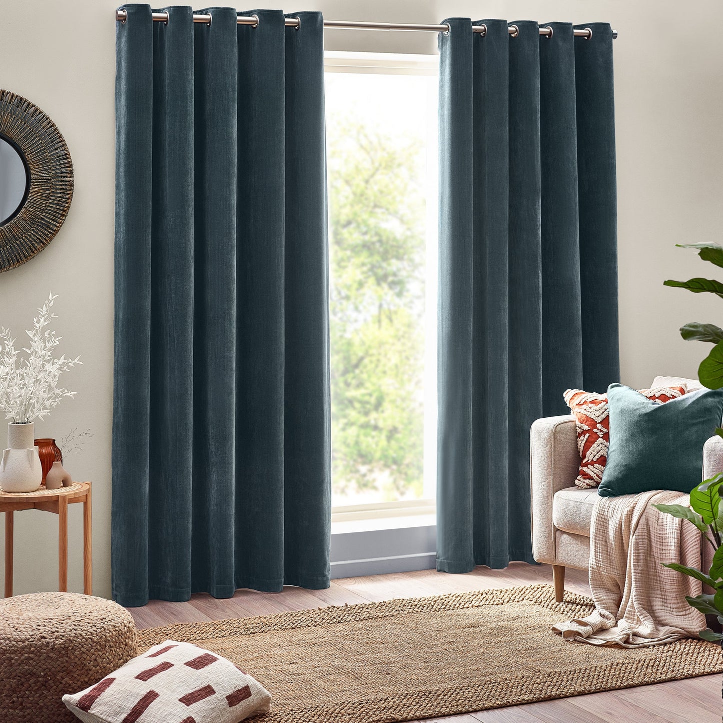 Heavy Chenille Velvet Room Darkening Eyelet Curtains Marine