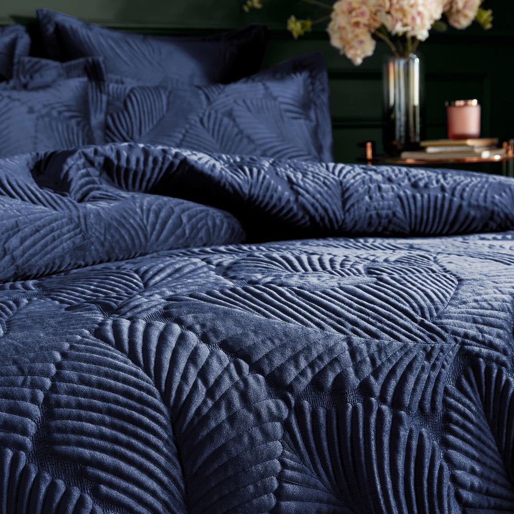 Paoletti Palmeria Quilted Velvet Duvet Cover Set Navy