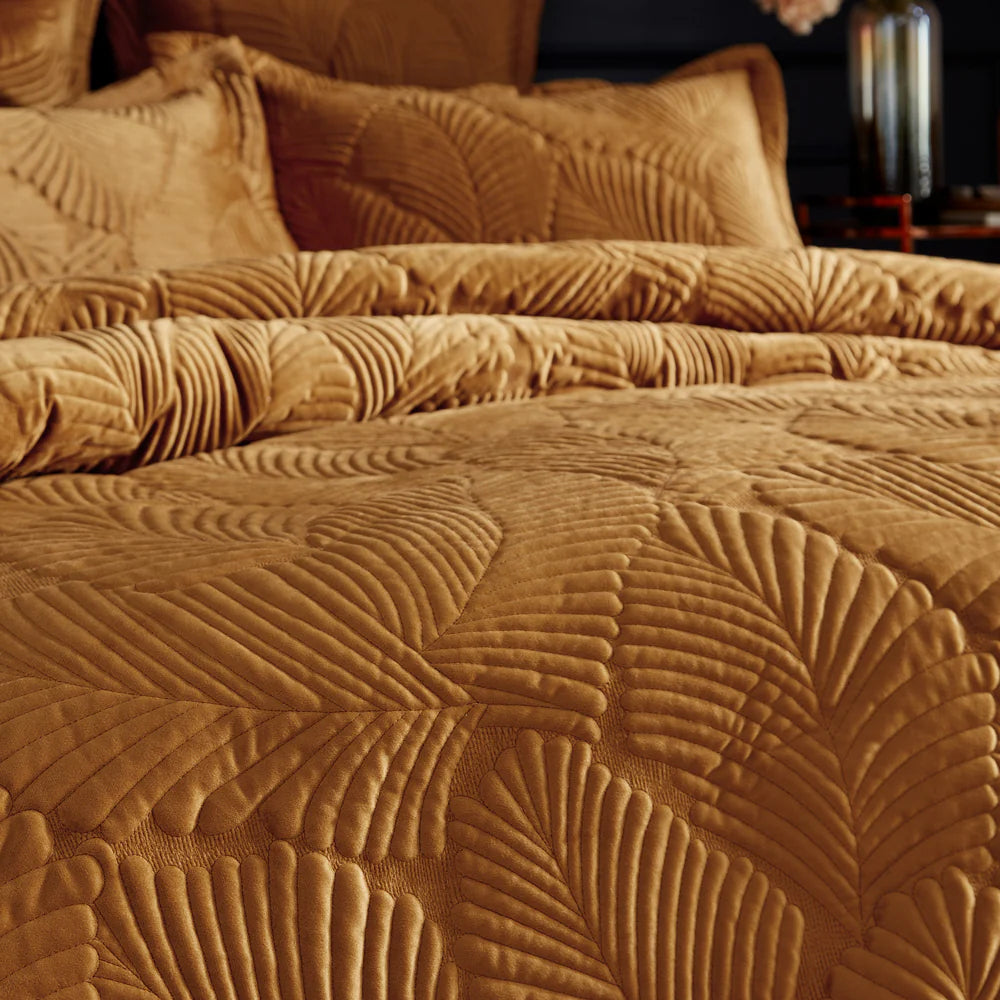 Paoletti Palmeria Quilted Velvet Duvet Cover Set Gold