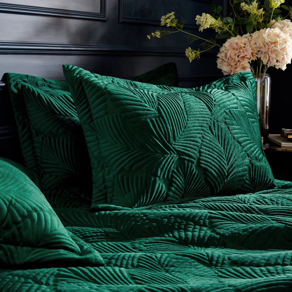 Paoletti Palmeria Quilted Velvet Duvet Cover Set Emerald