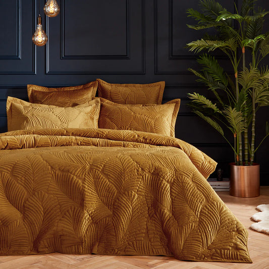 Paoletti Palmeria Quilted Velvet Duvet Cover Set Gold