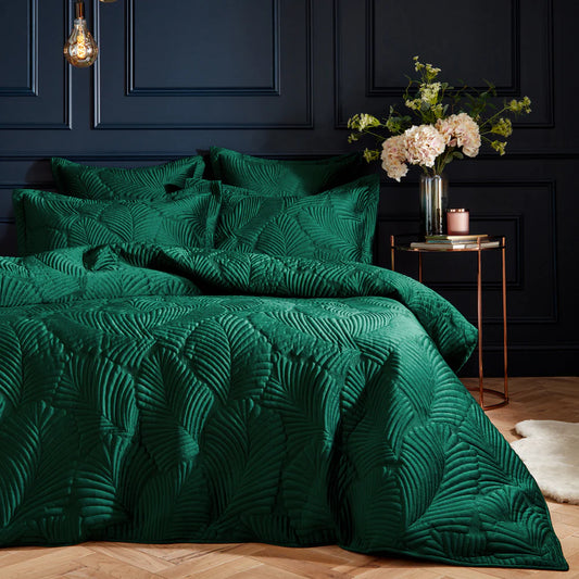 Paoletti Palmeria Quilted Velvet Duvet Cover Set Emerald