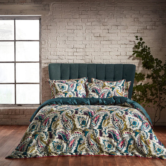 Edinburgh Weavers Aretha Paisley Printed Cotton Sateen Piped Duvet Cover Set Teal Olive