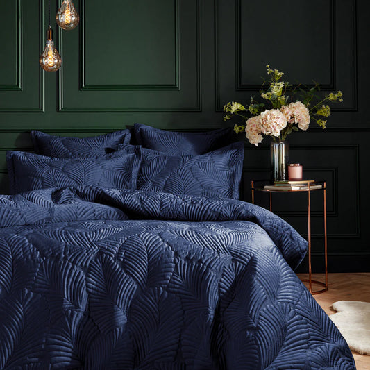 Paoletti Palmeria Quilted Velvet Duvet Cover Set Navy