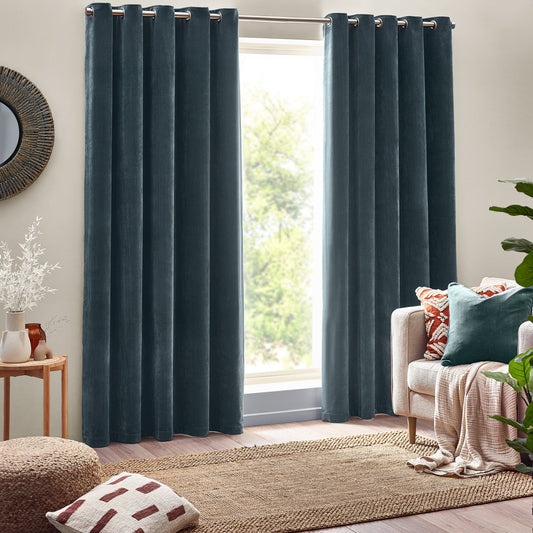 Heavy Chenille Velvet Room Darkening Eyelet Curtains Marine