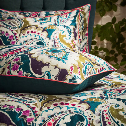 Edinburgh Weavers Aretha Paisley Printed Cotton Sateen Piped Duvet Cover Set Teal Olive
